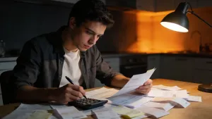 A person sitting at a table with bills and receipts, looking determined while planning their budget with a calculator nearby.