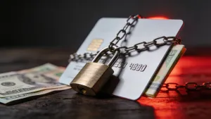 Cartão de crédito parcialmente preso por uma corrente e cadeado, com notas de dinheiro parcialmente visíveis por baixo, simbolizando cartão para negativado vale a pena.