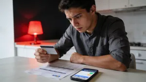 Jovem adulto com expressão de concentração segurando cartão de crédito simples, iluminação dramática em ambiente doméstico