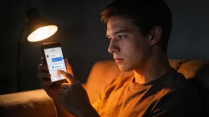 Pessoa jovem à noite em sofá, hesitação ao segurar smartphone com mensagem de transferência desfocada, dedo suspenso sobre botão de confirmar, luz dramática e contraste alto.