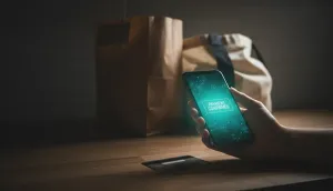 Mão segurando smartphone mostrando tela de pagamento confirmado na cozinha, cartão de crédito descansado ao lado, sacolas de compras ao fundo desfocadas.