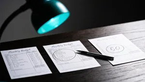 Três folhas de orçamento mensal lado a lado em cima de mesa de madeira, com foco no número circulado da terceira planilha que aparece desfocado na borda do frame.