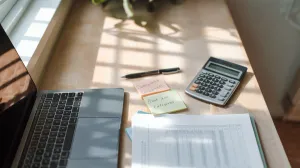 Planilha de controle financeiro aberta em laptop sobre mesa de madeira, com caneta e calculadora simples ao lado, representando organização estruturada.
