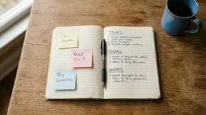 Caderno com três seções abertas sobre mesa de madeira, representando a estrutura do primeiro orçamento mensal em categorias simples