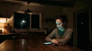 Mulher sentada sozinha à mesa da cozinha à noite, olhando o celular iluminado, com as chaves do carro ao lado