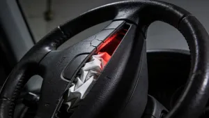 Airbag dobrado em compartimento oculto do carro: proteção invisível, acionada apenas quando necessária — como uma reserva de emergência.