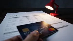 Cartão de crédito sobre um extrato bancário iluminado por abajur à noite com luz vermelha profunda e contraste dramático, com a Selic a 14% afetando o custo do crédito em 2026.