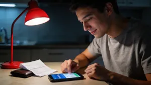 Jovem adulto à mesa de cozinha à noite domingo, com smartphone mostrando app bancário, segurando decisão sobre tesouro reserva