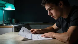 Jovem adulto à mesa da cozinha à noite, olhar pensativo para um extrato bancário impresso mostrando saldo de reserva de emergência de 1 ano completo