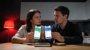 Casal em cozinha à noite comparando dois apps bancários em smartphones, expressões de confusão mútua, iluminação dramática com destaque em vermelho profundo