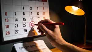 Mão com caneta vermelha circulando data no calendário, com carta de cobrança desfocada ao fundo sugerindo dívida em atraso e prazo para renegociar.