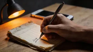 Mão anotando número em planilha manuscrita com caneta ao lado de smartphone desligado, foco na decisão do gasto.