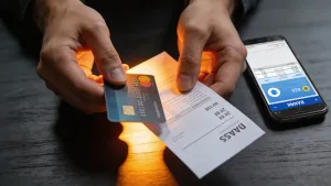 Mãos segurando cartão de crédito e boleto sobre mesa, com smartphone mostrando app bancário ao fundo em luz dramática, ilustrando o impacto do corte da Selic nas parcelas