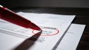 Extrato de cartão de crédito com caneta vermelha marcando valor específico em documento legal, Lei do Rotativo do Cartão de Crédito