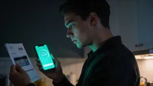 Pessoa em cozinha à noite segurando boleto impago em uma mão e smartphone com saldo de poupança na outra, expressão de indecisão, pesando as duas opções.