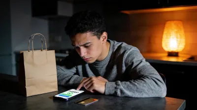 Jovem adulto à mesa da cozinha à noite segurando smartphone com tela de confirmação de pagamento, iluminação dramática com destaque âmbar quente