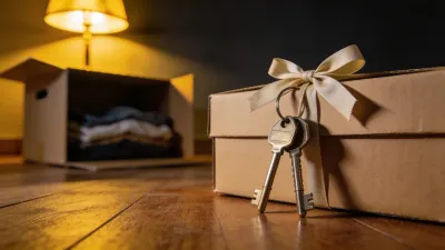 Duas chaves da casa nova amarradas com fita simples em cima de uma caixa de papelão, iluminação dramática dourada contra fundo escuro neutro.