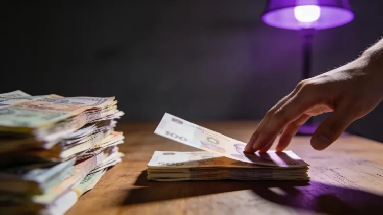Mão separando uma pequena pilha de notas de uma pilha maior de dinheiro sobre mesa, sugerindo a decisão de guardar antes de gastar