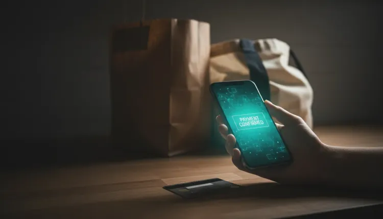 Mão segurando smartphone mostrando tela de pagamento confirmado na cozinha, cartão de crédito descansado ao lado, sacolas de compras ao fundo desfocadas.
