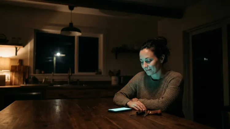 Mulher sentada sozinha à mesa da cozinha à noite, olhando o celular iluminado, com as chaves do carro ao lado