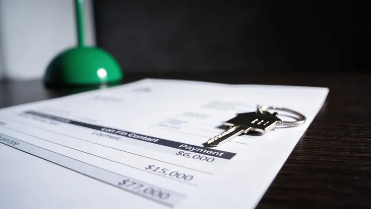 Contrato de financiamento de imóvel com a parcela desfocada e uma chave de casa pousada sobre o papel
