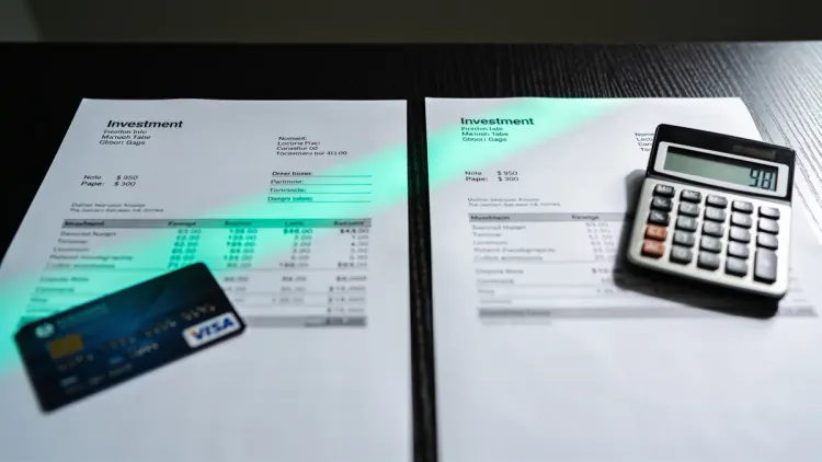 Two printed investment statements side by side on a dark wooden desk with a calculator and bank card, symbolizing a CDB and Tesouro Selic comparison.