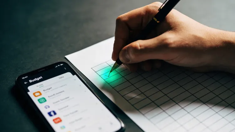 Smartphone com app, mão desenhando grid em papel, contraste dramático e acento verde