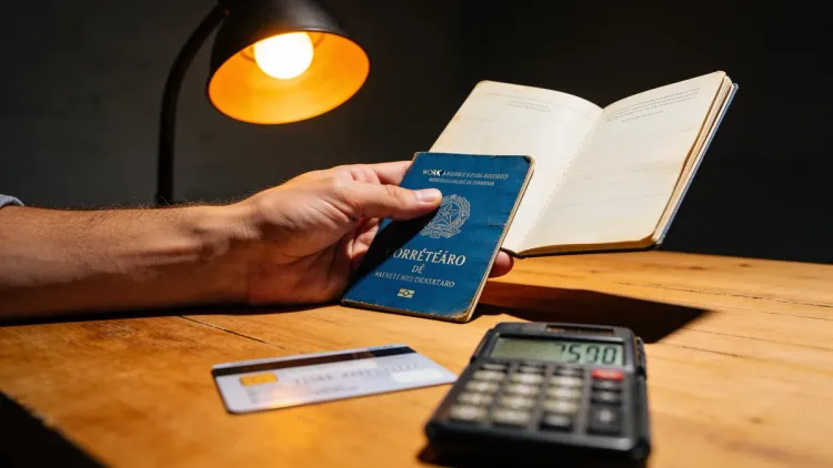 Mãos segurando carteira de trabalho azul com cartão de crédito e calculadora sobre mesa, ilustrando a comparação entre consignado e dívida do cartão.