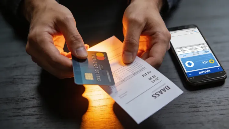 Mãos segurando cartão de crédito e boleto sobre mesa, com smartphone mostrando app bancário ao fundo em luz dramática, ilustrando o impacto do corte da Selic nas parcelas