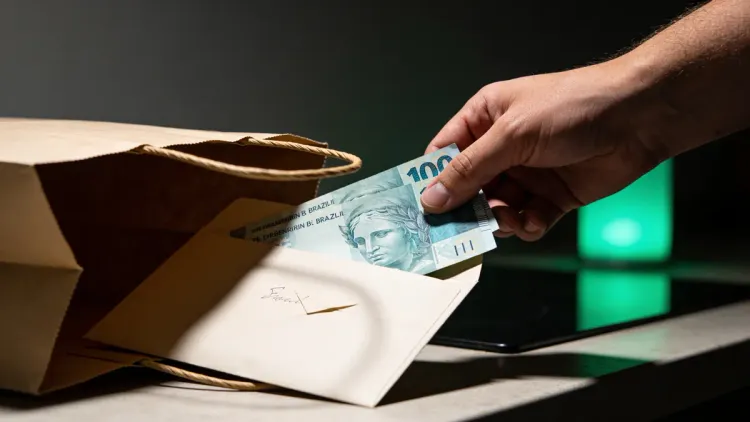 Mão sacando notas de emergência de um envelope, momento reconhecível de decisão sobre usar a reserva.