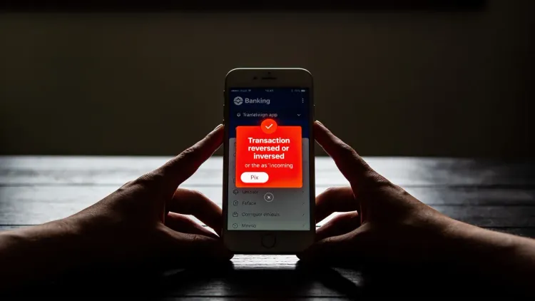 Notificação de Pix em tela de smartphone com luz dramática, mostrando alerta de devolução contestada