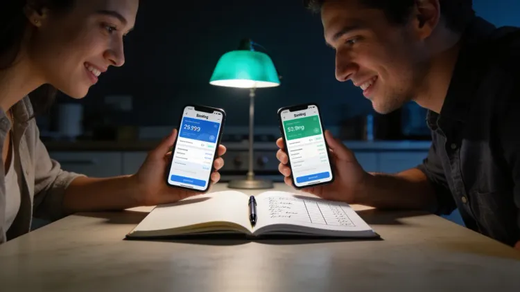 Casal sentado à mesa da cozinha com smartphones abertos mostrando aplicativos bancários diferentes, caderno com colunas manuscritas entre eles, iluminação dramática